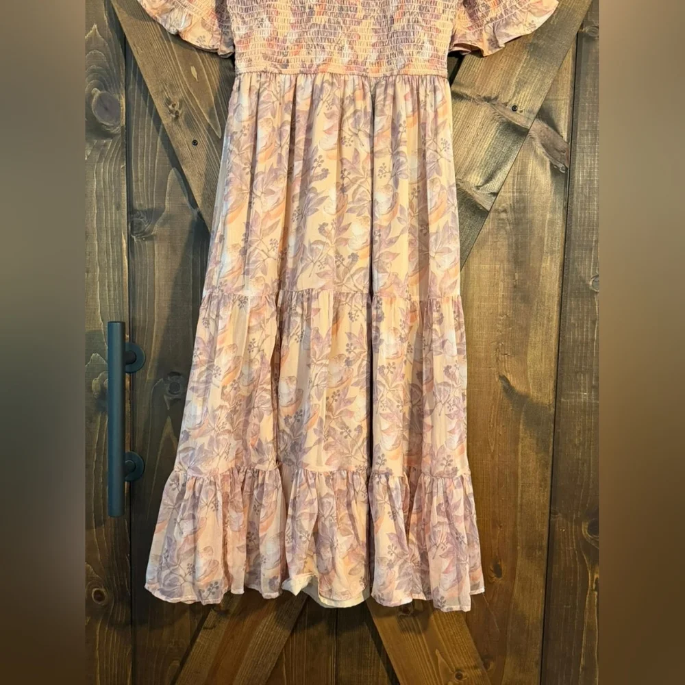 Ivy City Co Peach Purple Smocked Floral Mushroom Print Puff Short Sleeve Dress - Picture 4 of 7